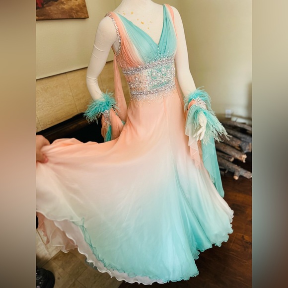 VIKTORIJA Dresses & Skirts - Ballroom Standart Competition Dance dress size S Peach and Teal